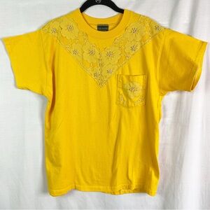 Vintage Bright Yellow Floral Lace Appliqué T-shirt Single Stitch Med